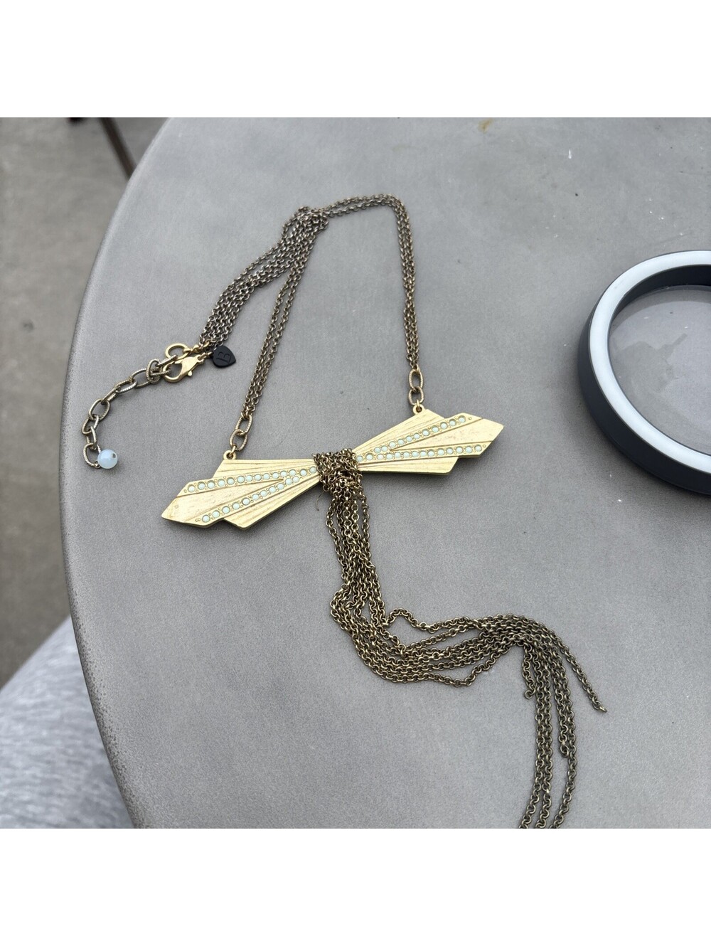 Betsey Johnson Gold Art Deco Bow Tassel Necklace Mint Turquoise Enamel Signed